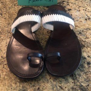 Tory Burch toe ring white and brown weave sandals